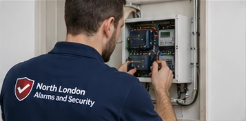 Illustration of a security engineer servicing an alarm panel