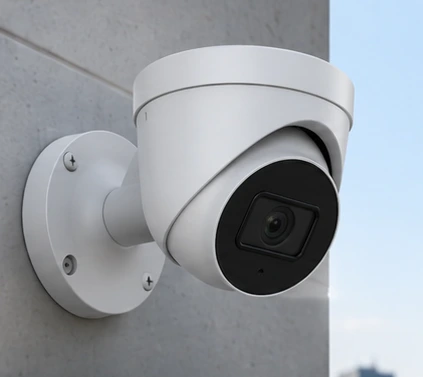 Illustrative white turret CCTV camera mounted on an exterior wall