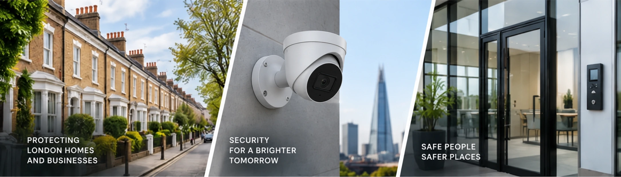 London homes, an illustrative turret CCTV camera and a modern business entrance